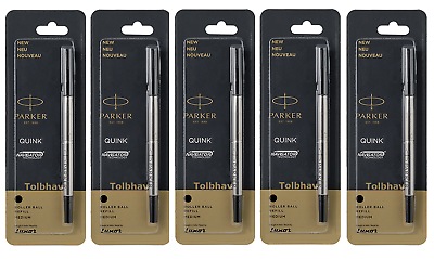 5 X Parker Quink Roller Ball Rollerball Pen Refills Black Ink Medium Nib New PARKER