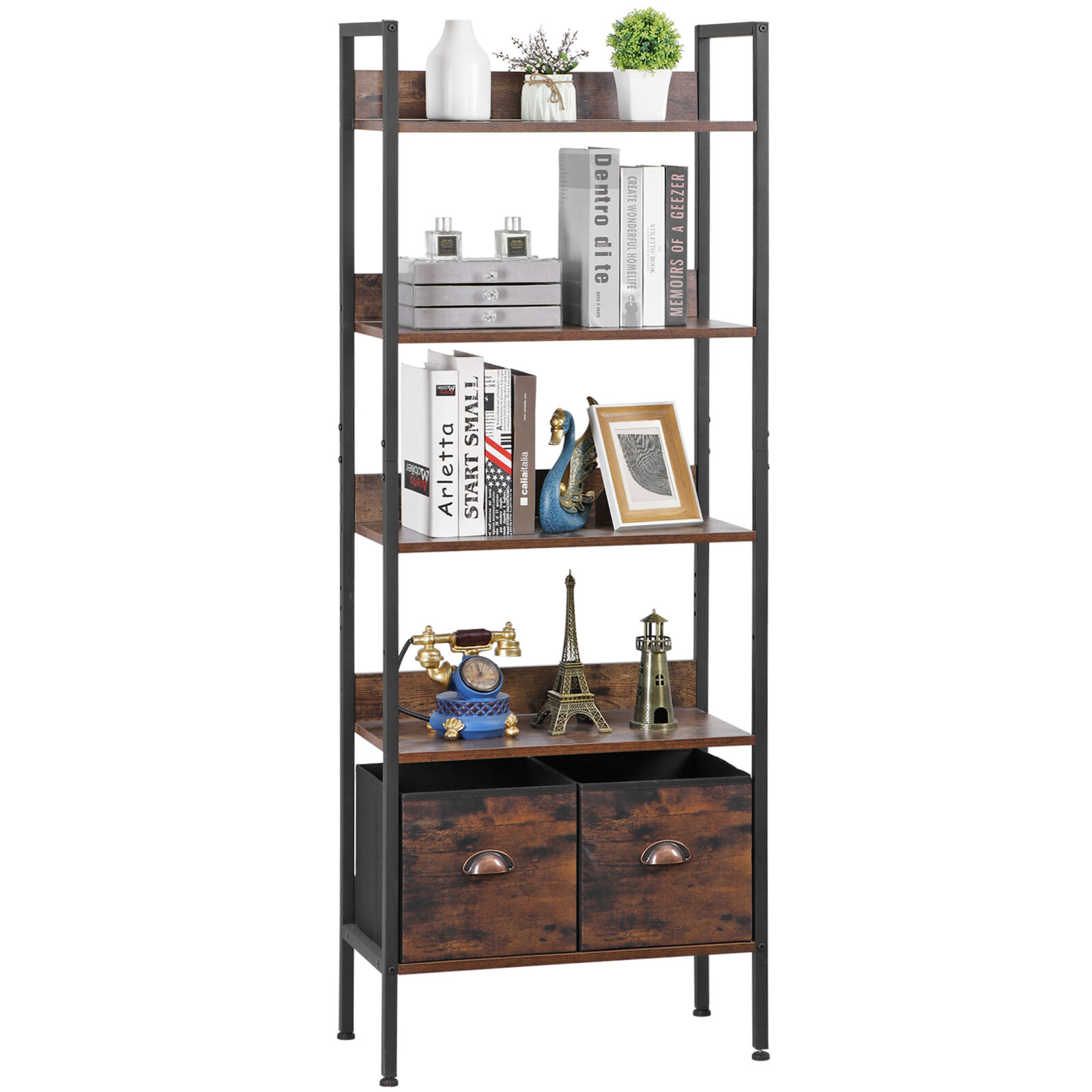 5-Tier Bookcase Modern Open Bookshelf Free Standing Storage Rack Rustic Brown Segawe H01-3486