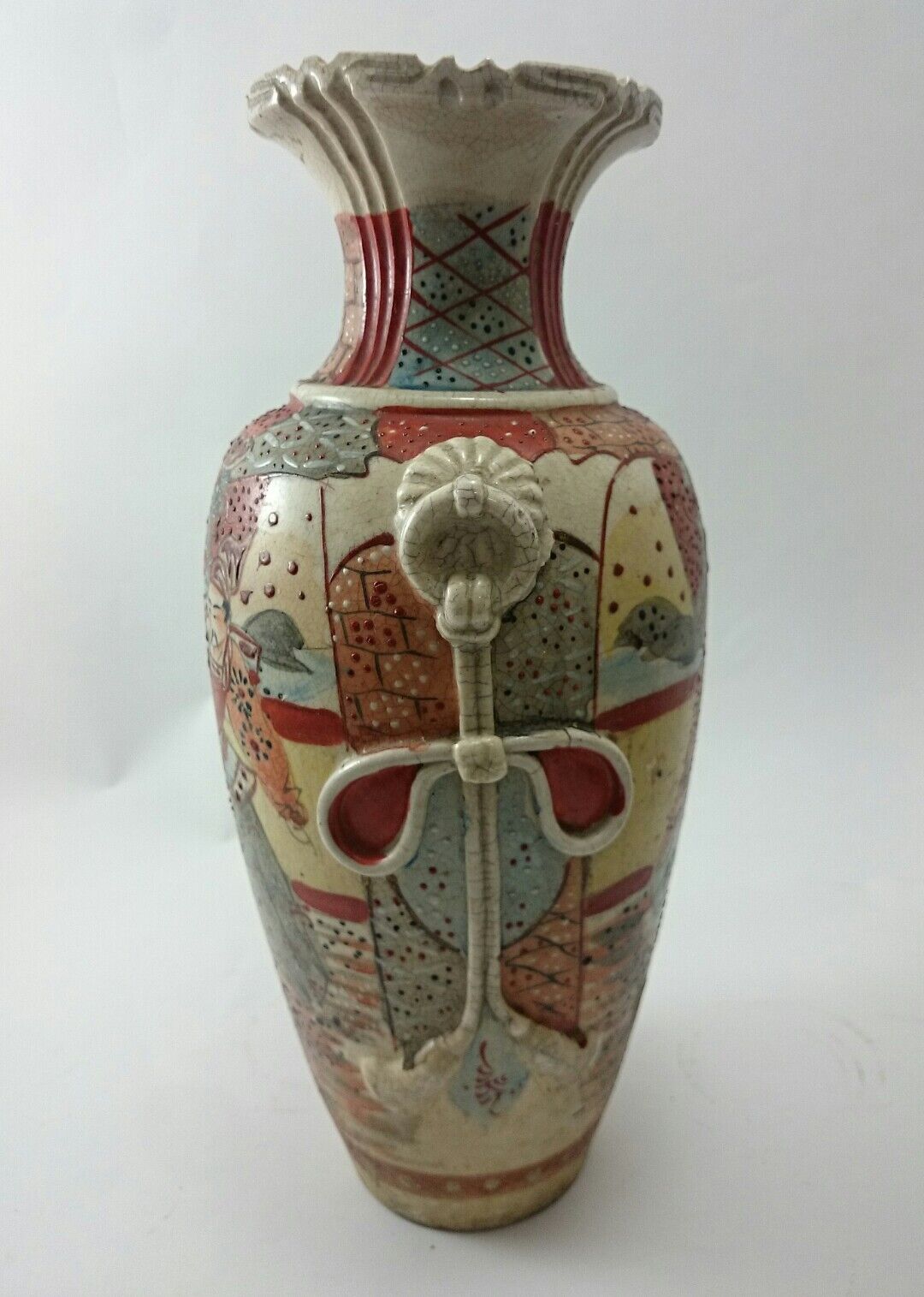 JAPANESE VASES Vintage Pair Ornate Asian Painted Craquelure Decor Pot ART  Без бренда - фотография #5