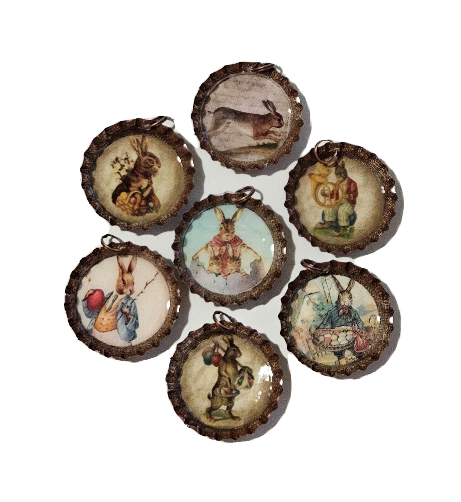 7 Easter Nostalgic Vintage Bunny Bottle Cap Charms Mini Tree Ornaments Spring Handmade Does Not Apply