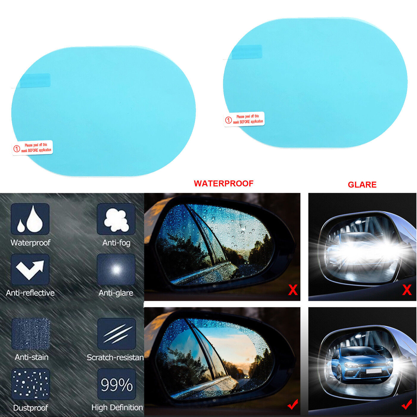 2x Waterproof For Car Rearview Mirror Rainproof Anti-Fog Rain-Proof Film Sticker Unbranded - фотография #3