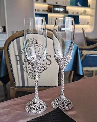 Champagne Flutes Crystal Glass Metal Base With Crystal Stones Set Of 2 Toasting Jozen Gift - фотография #5