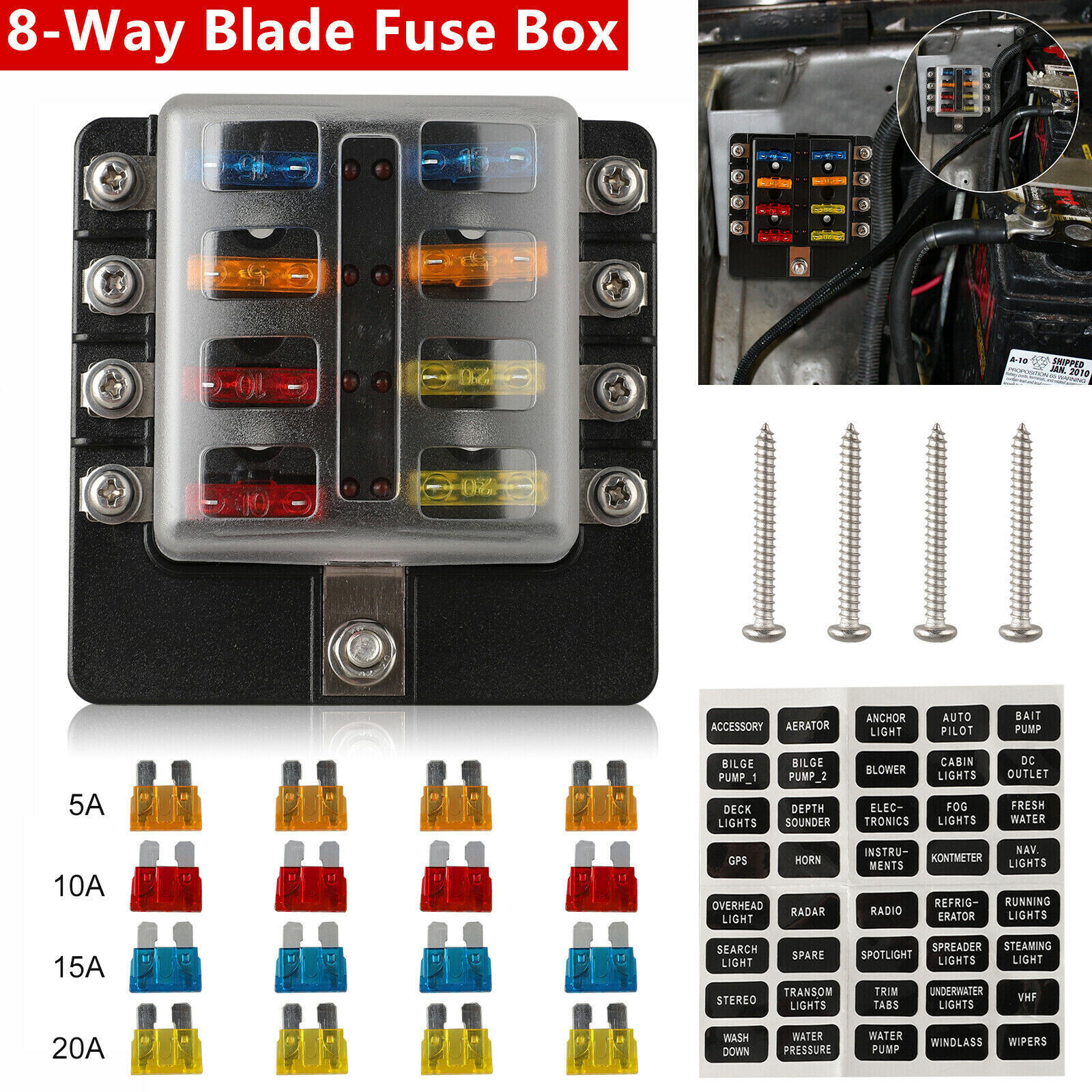 8 Way Blade Fuse Box Block Holder LED Indicator Auto Marine 12V 32V Waterproof Unbranded Does not Apply - фотография #2