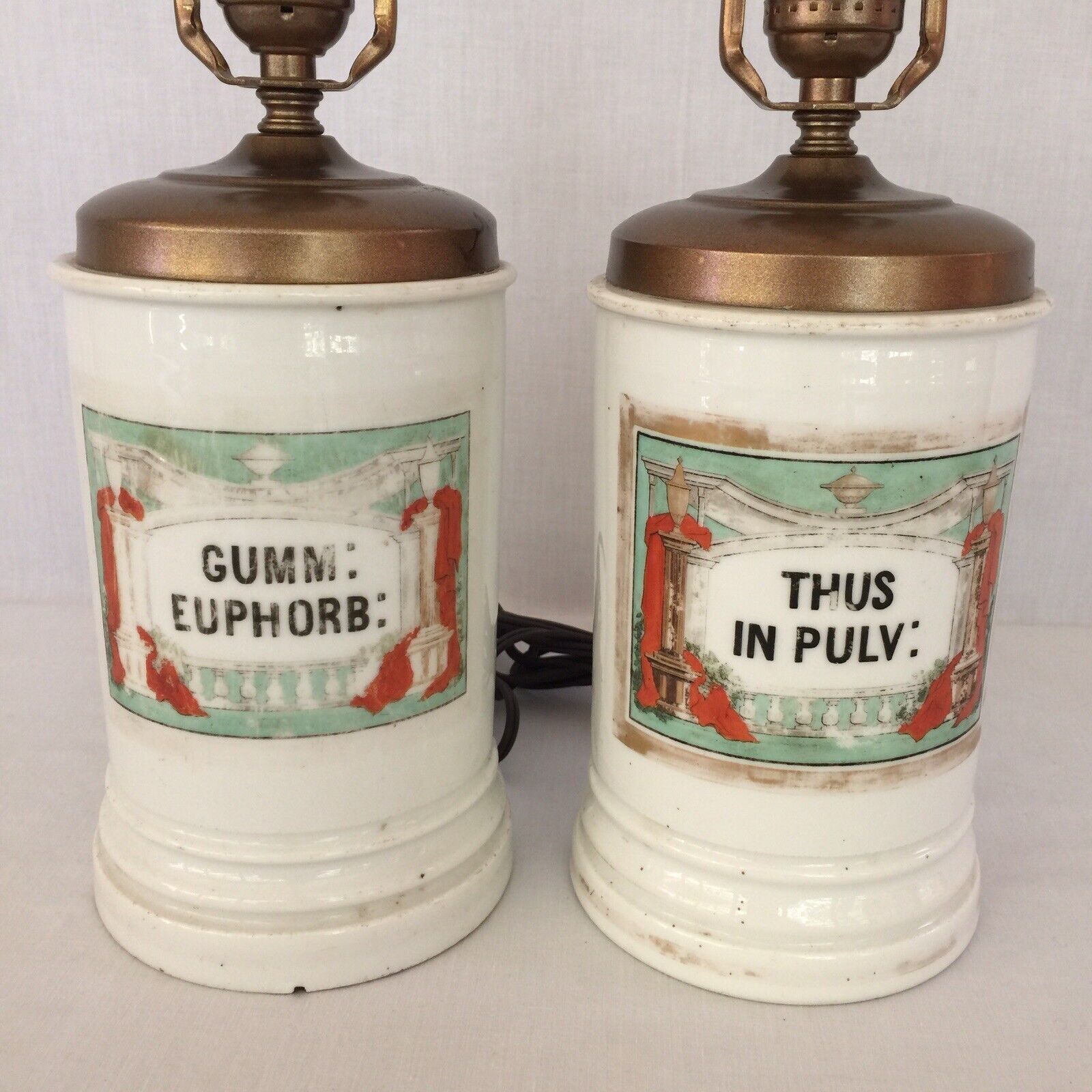 Antique Old Paris  Apothecary Jars Wired As Lamps 19th C Polychromed Cartouche Без бренда