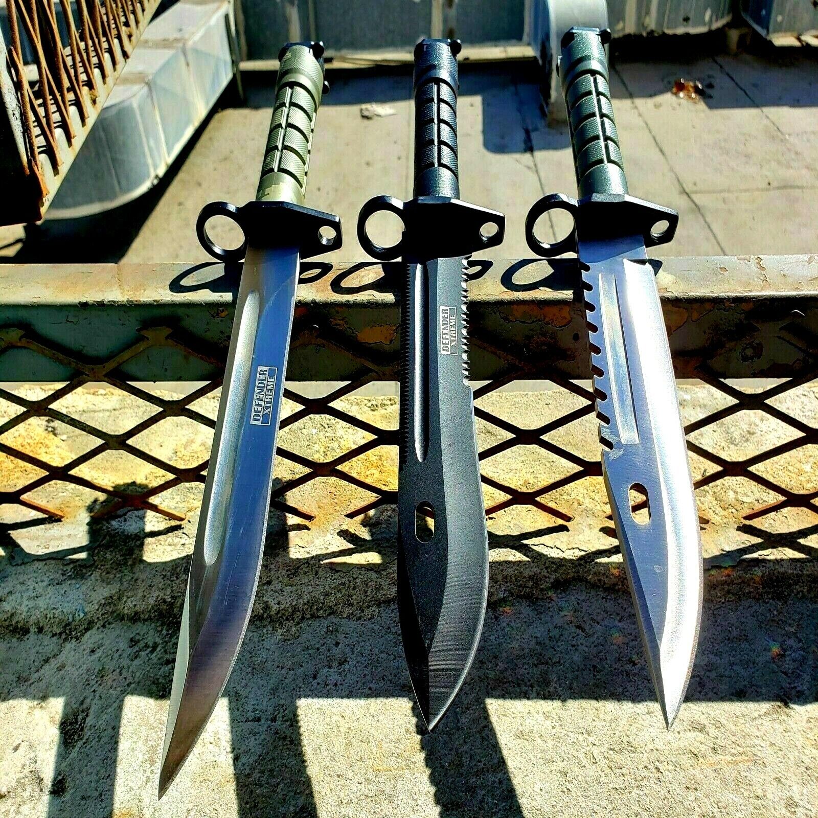 3 PC Military Survival Rambo Fixed Blade Hunting Knife Bayonet Tactical Bowie Defender