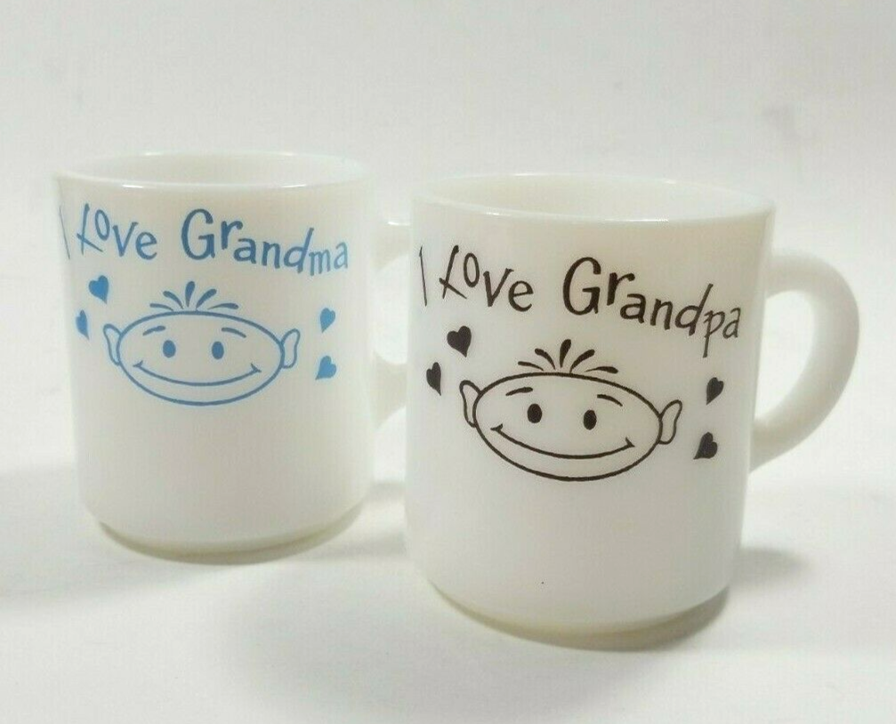 Grandparents I Love Grandma Grandpa Coffee Mugs Vintage Gift Milkglass Set of 2 Unbranded