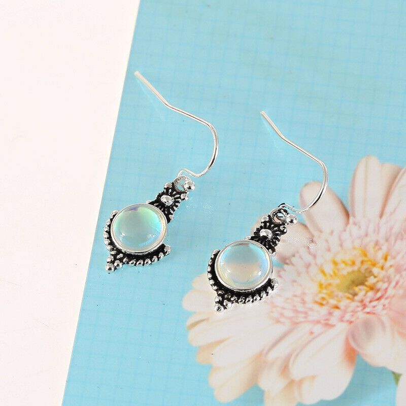 Silver Turquoise Color Moonstone Earrings Ear Hook Dangle Drop Gift Jewelry Rinhoo Does not apply - фотография #5