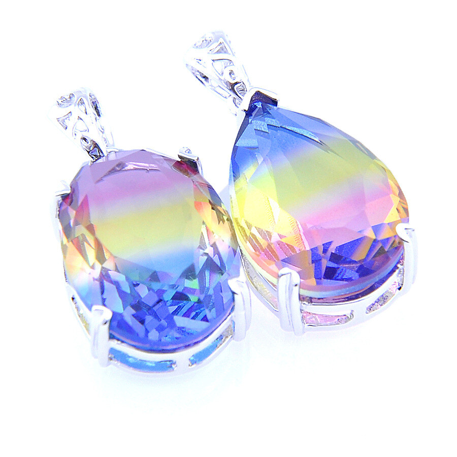 MIX 2PCS Sparking Oval Drop Rainbow Bi Tourmaline Gems Silver Necklace Pendants Luckyshine