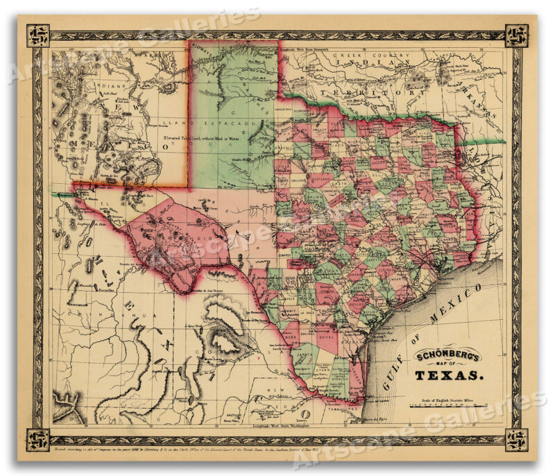 1866 Schönberg's Early Map of Texas Historic Map 24x28 Без бренда