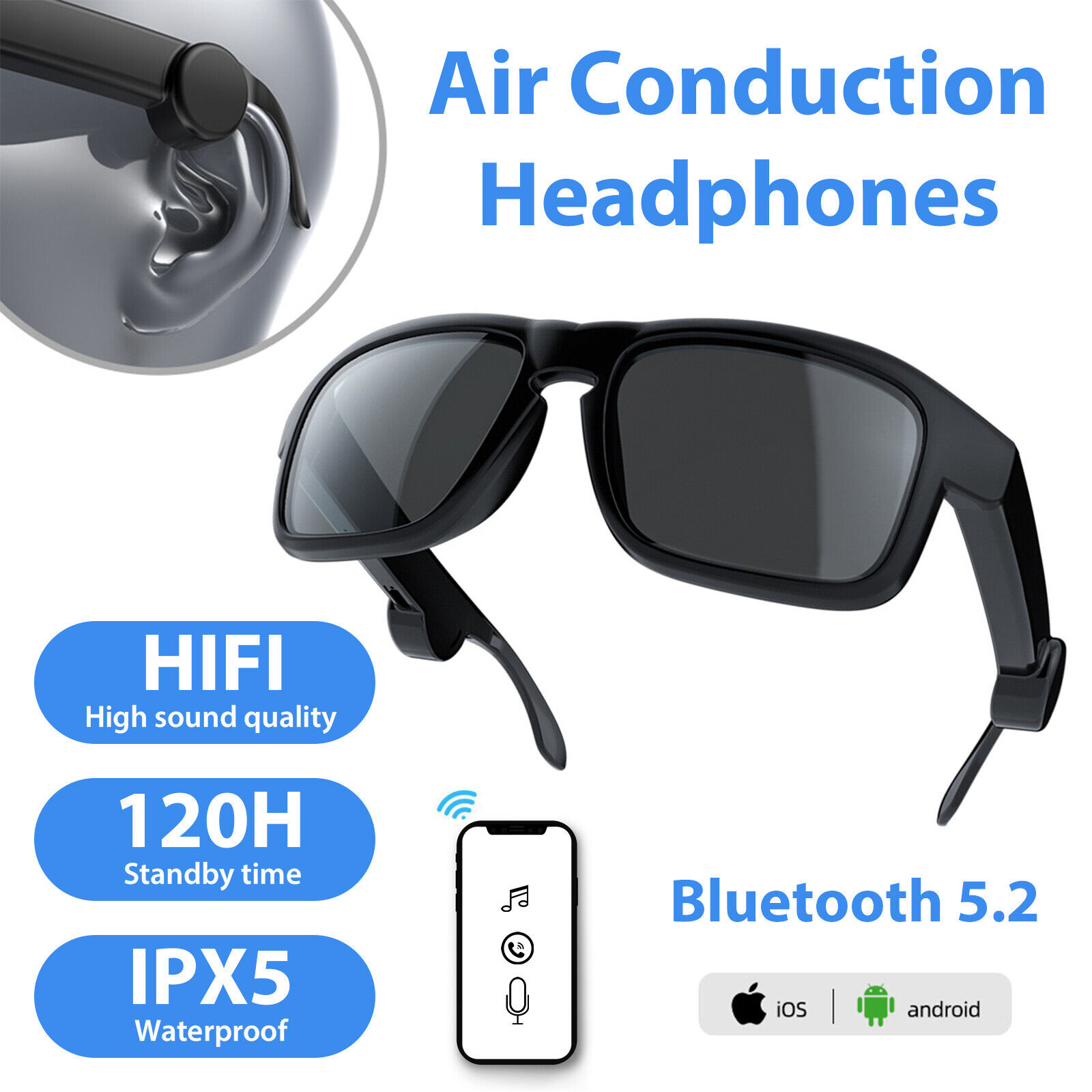 Smart Bluetooth 5.2 Sunglasses Headphone Sports Wireless Stereo Headset Earphone Unbranded Does Not Apply