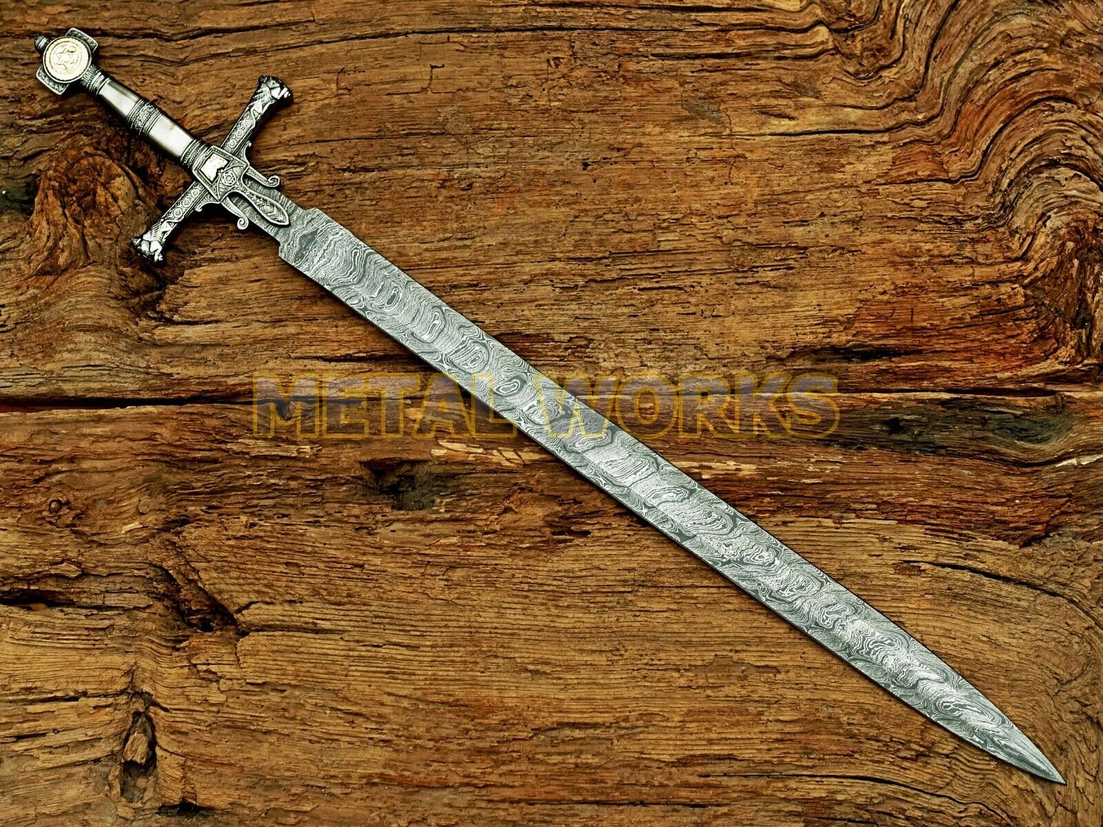 Damascus Steel King Solomon Crusader Sword w/LeatherSheath(Star of David Pommel) Без бренда - фотография #6