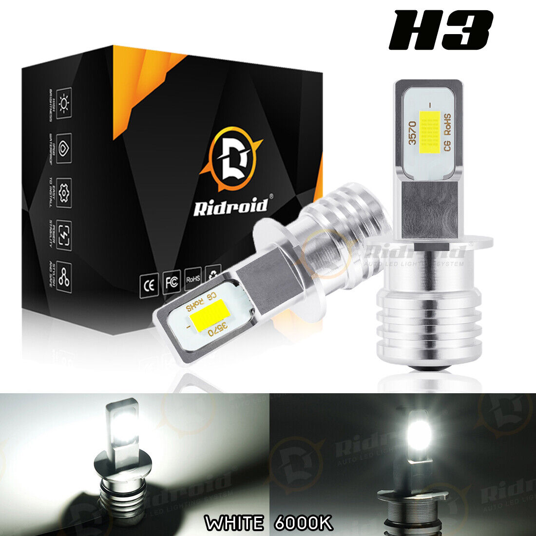 2pcs H3 LED Headlight 100W 10000LM FOG Light Bulbs 6000K White Driving DRL Lamp Ridroid rdddwd0h3