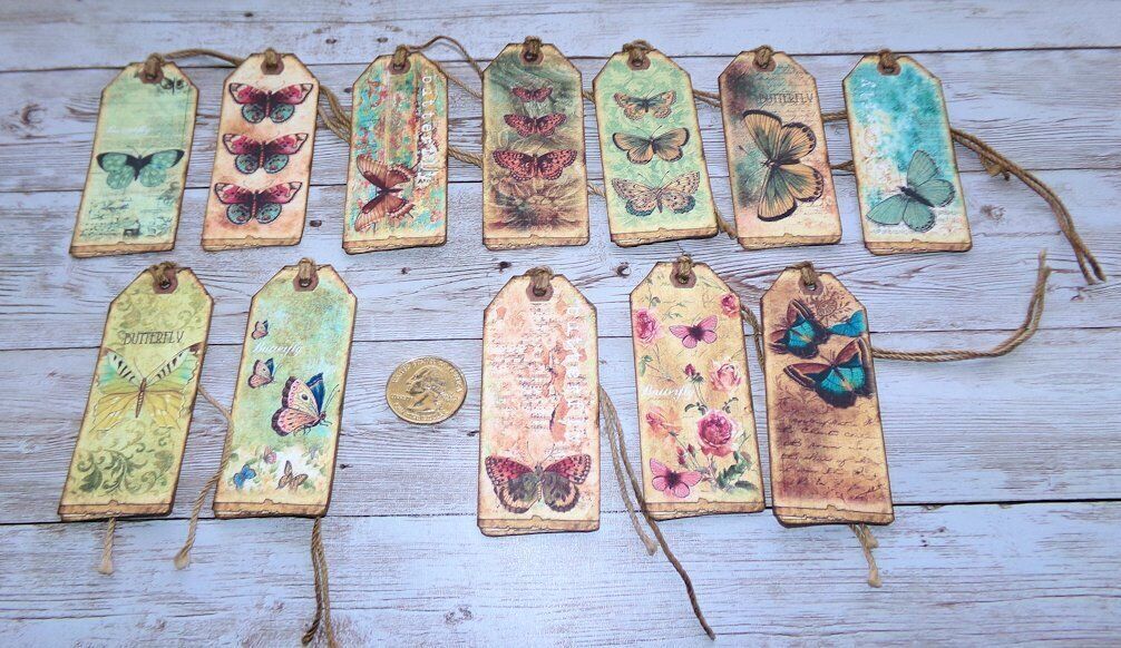 12~Vintage~Butterfly~Journal~Junk Journal~Linen Cardstock~Gift~Hang~Tags Без бренда
