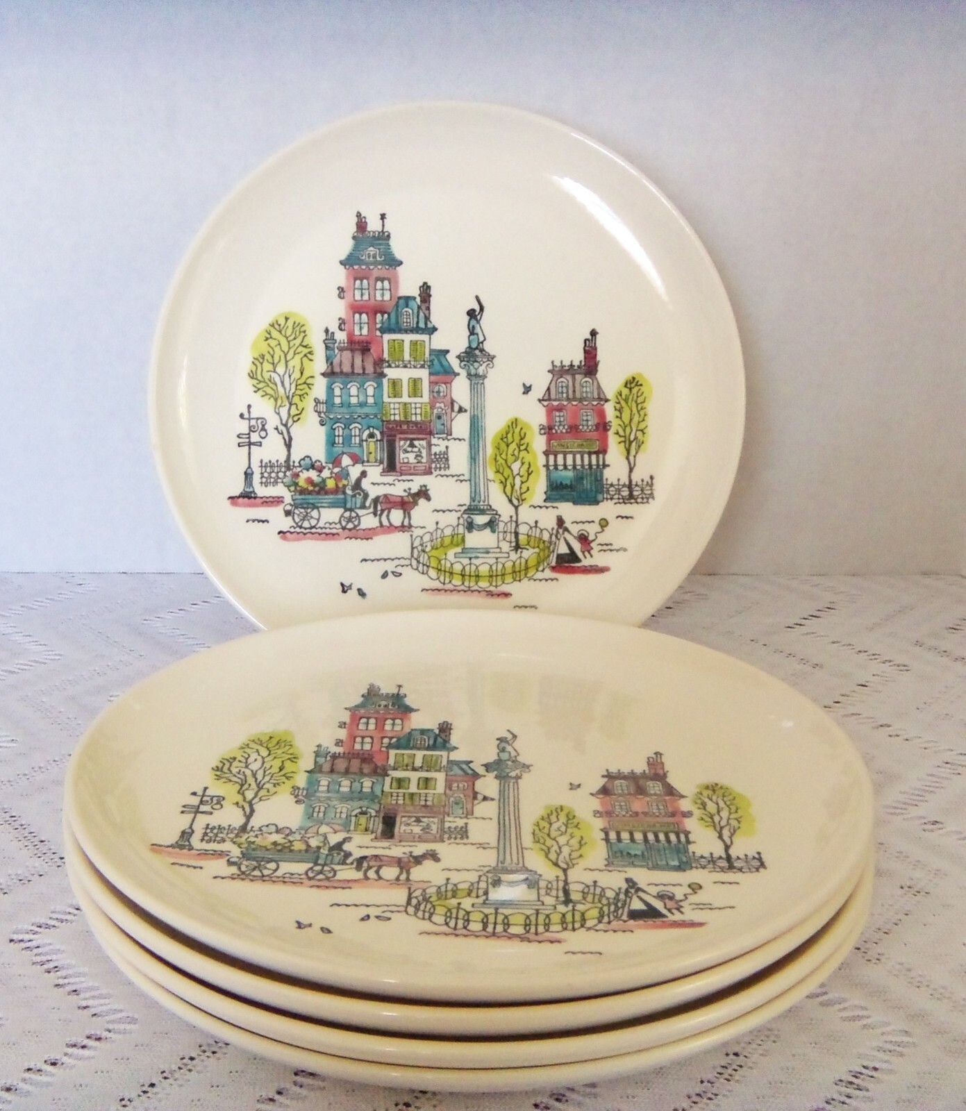 Rare Metlox Poppytrail Parisian Street Scene 10-1/4" Dinner Plates 1956 (X5) Metlox