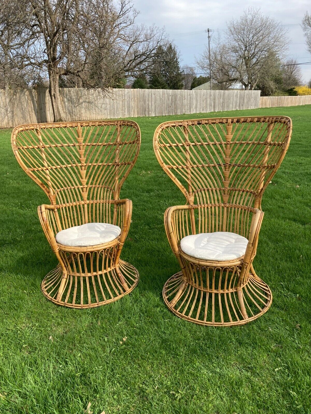 Vintage Pair Rattan Wicker Franco Albini Mid Century Modern Boho Peacock Chairs Franco Albini