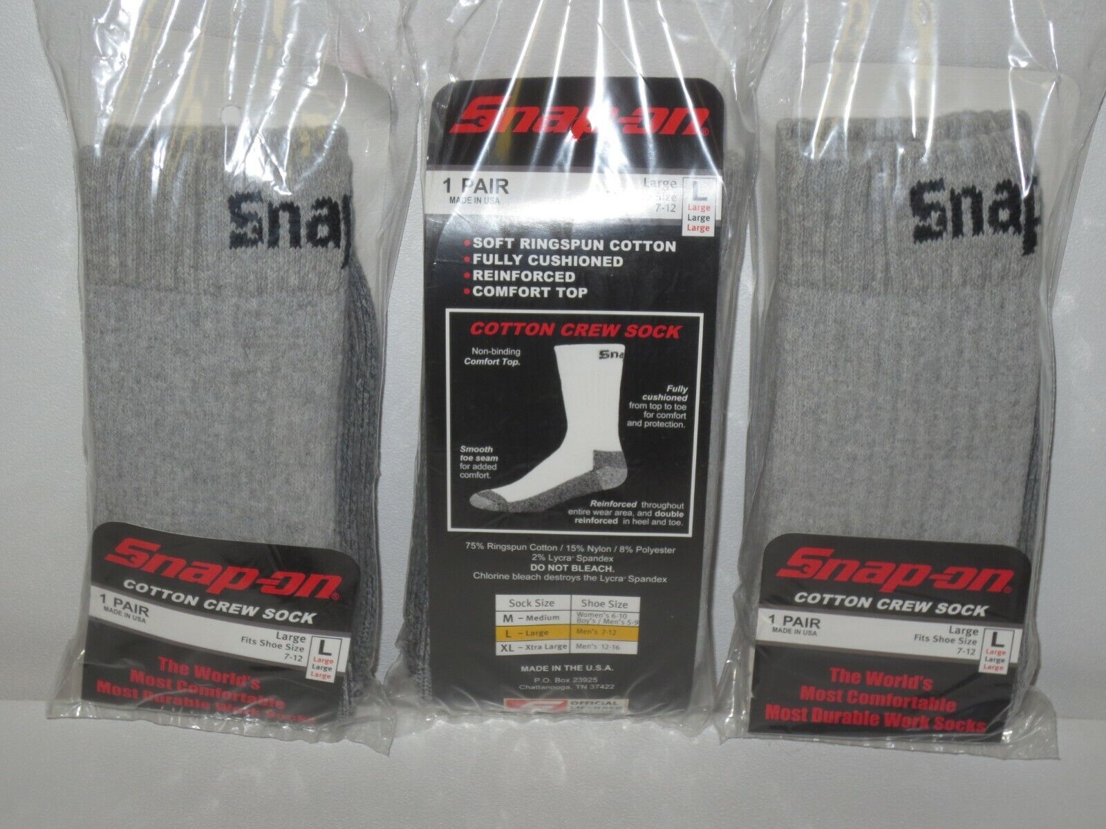 3 PAIRS Snap-On Crew Socks Men's GRAY LARGE ~ FREE SHIPPING ~ MADE IN USA *NEW* Snap-on - фотография #2