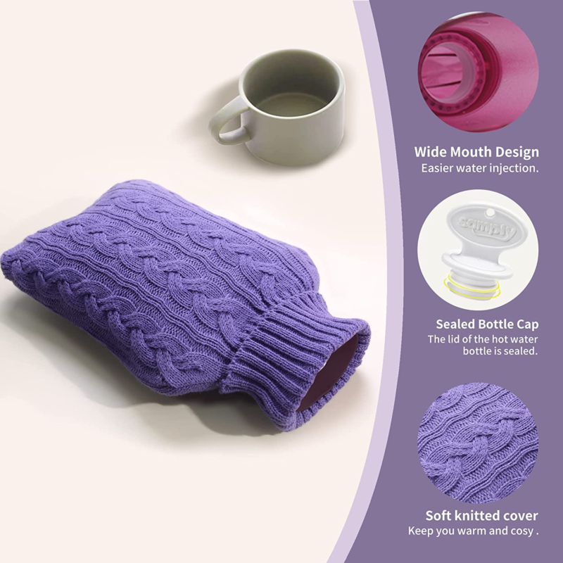 Samply Hot Water Bottle- 2 Liter Water Bag with Knitted Cover,Transparent Purple OIP - фотография #6