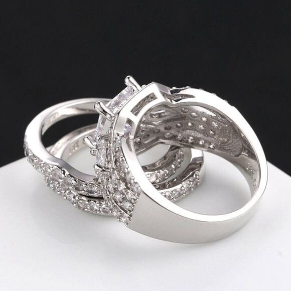 FENDINA Womens 3 PC 18K White Gold Plated Wedding Engagement Ring Set Sz 9 Fashion Jewelry - фотография #4
