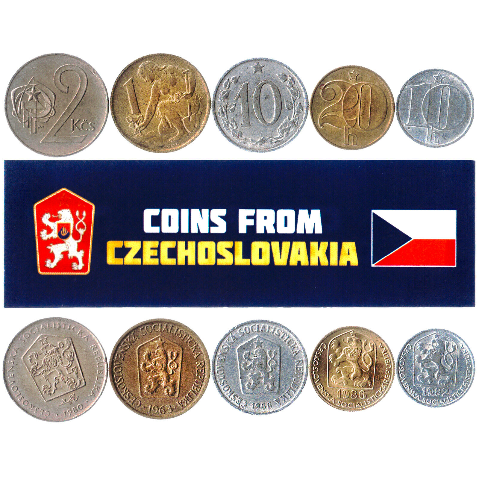 5 CZECHOSLOVAKIA COINS DIFFERENT EUROPEAN COINS FOREIGN CURRENCY, VALUABLE MONEY Без бренда