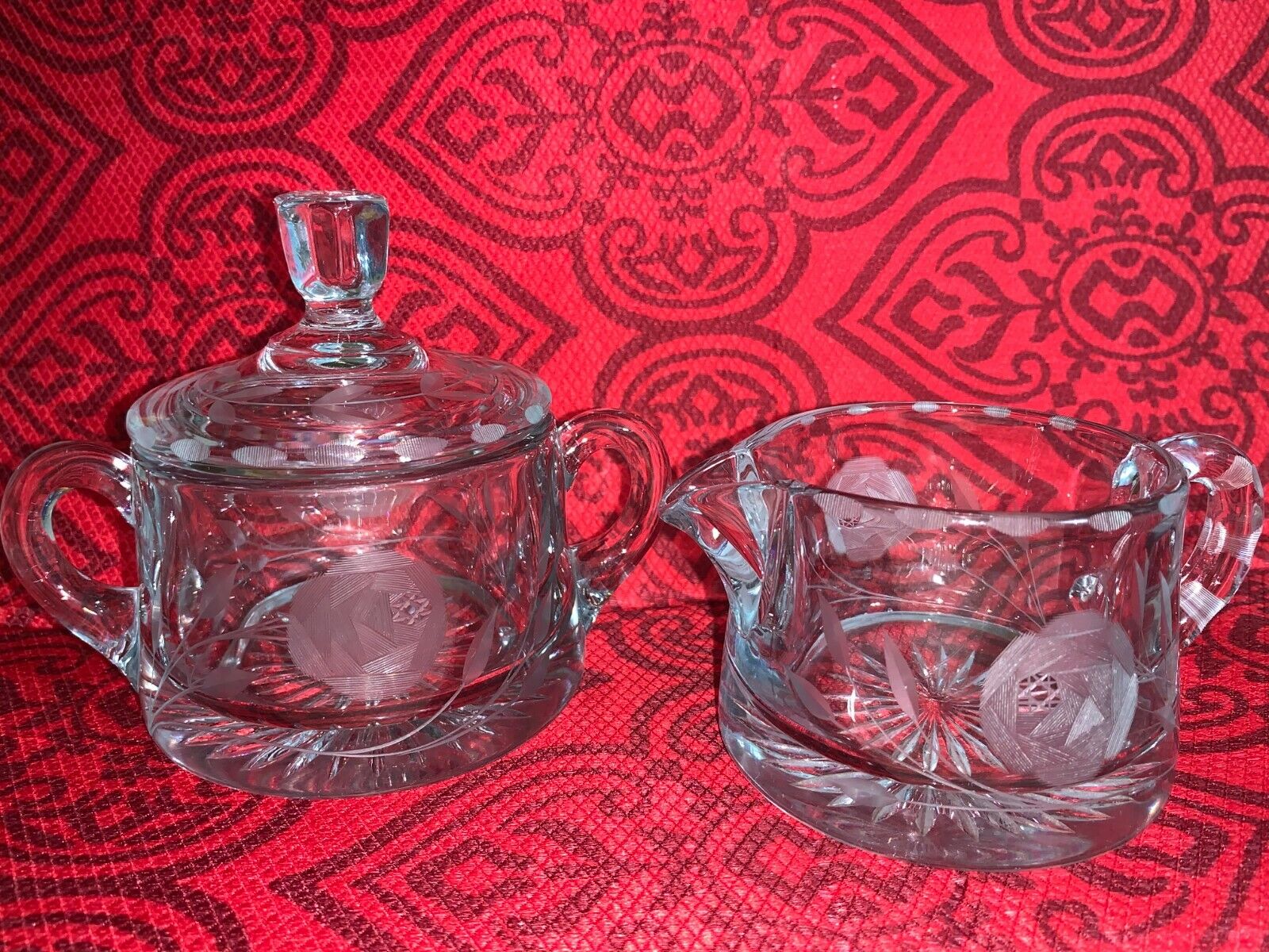 Heisey antique glassware Creamer & Double handled Sugar Bowl w/lid set floral  HEISEY - фотография #12