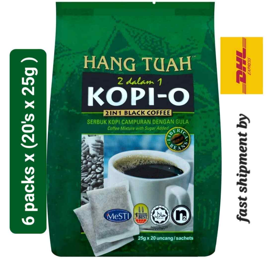 Hang Tuah Kopi-O 2 in 1 Black Coffee Liberica Beans 6 packs (20's x 25g) DHL Ex Hang Tuah