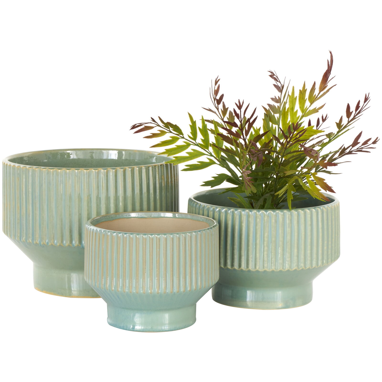 10", 8", 7"W Wide Green Ceramic Planter with Linear Grooves and Tapered Bases Без бренда