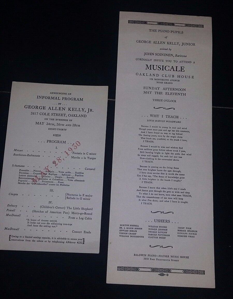 Old Piano Recital Programs, 1930, George Allen Kelly, Jr & John Soininen, singer Без бренда