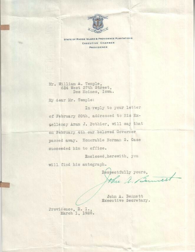 Aram Pothier Autographed Letter 1928 Secretary About His Passing The Day After Без бренда