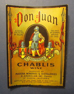 Old Vintage 1936 DON JUAN Chablis WINE LABEL - Madera California - K. Arakelian Без бренда