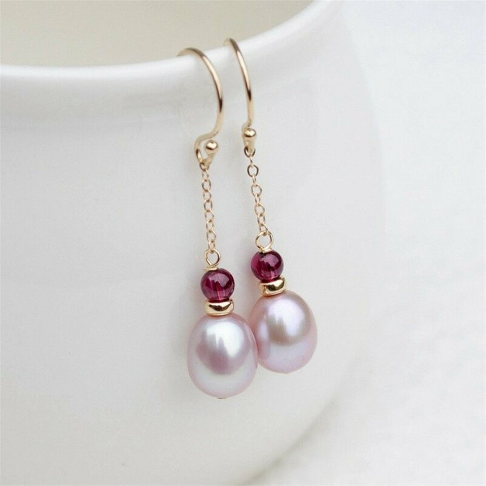Pink Pearl Garnet Gold Filled Handwork Dangle Link Earring TwoPin Jewelry Real Unbranded 3