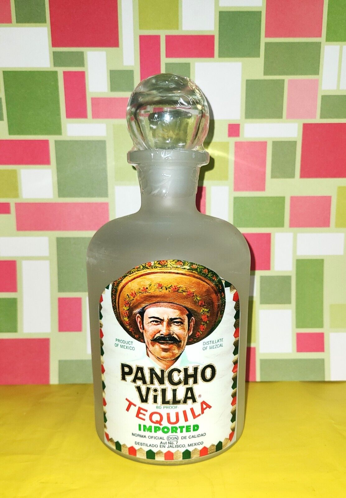 PANCHO VILLA TEQUILA  Label  Frosted Glass Decanter bottle with stopper Pancho Villa Tequila