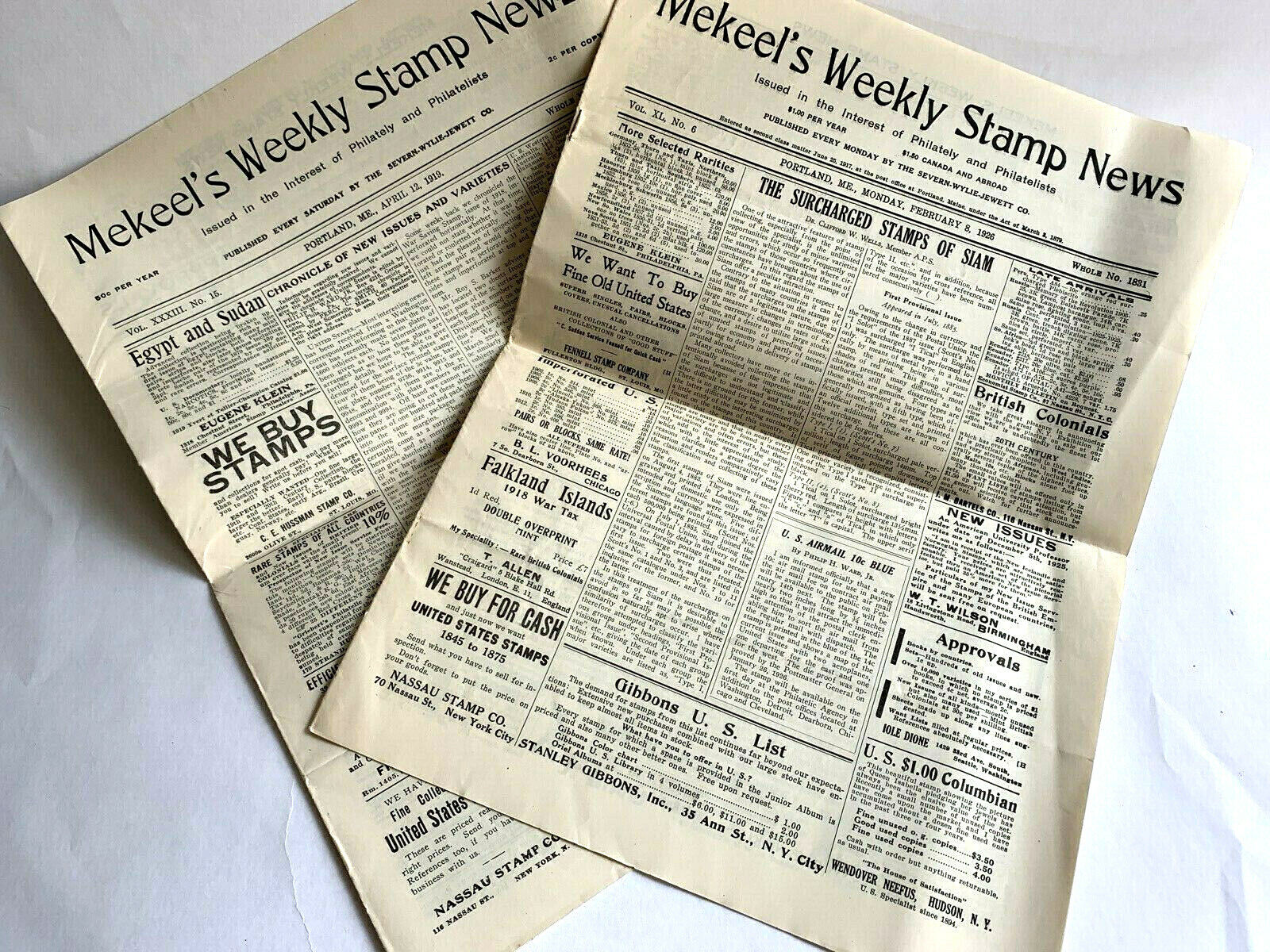 Vintage Philatetic News, 2 Mekeel's Weekly Stamp News April 12 1919 & Feb 8 1926 Mekeel's