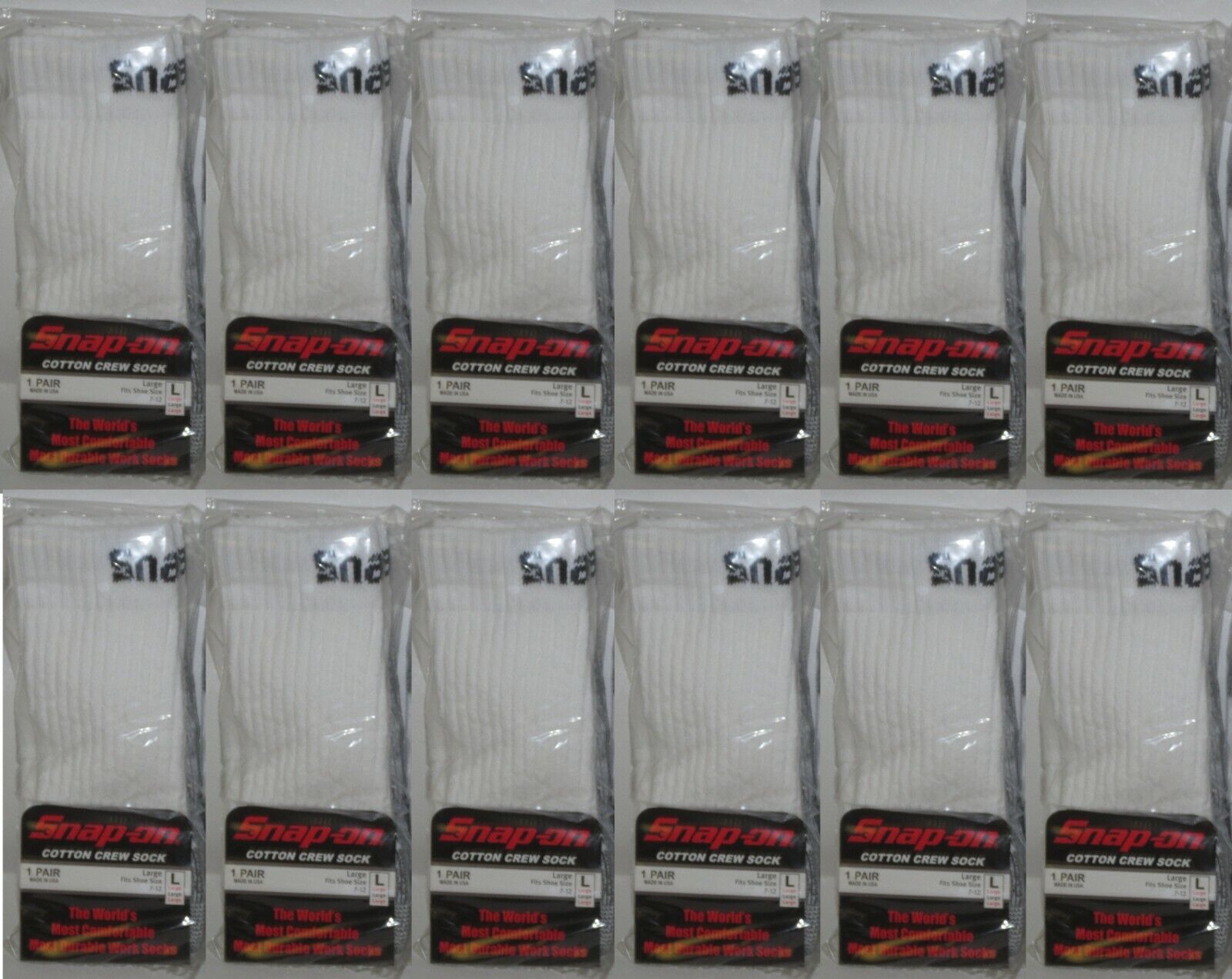 12 Snap-On Crew Socks Men's WHITE LARGE ~ FREE SHIP ~ MADE IN USA 12 PAIRS *NEW* Snap-on