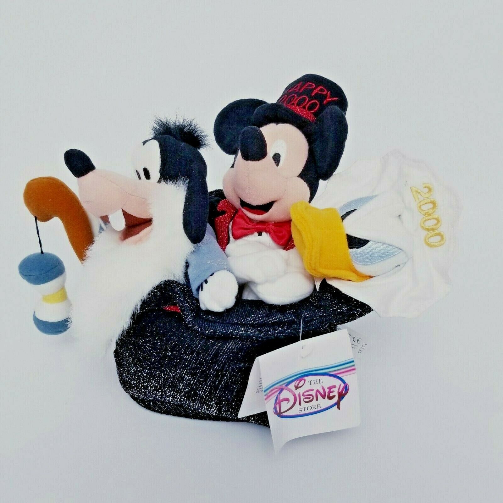Disney Store New Year 2000 Bean Bag Plush Set 8" Donald Goofy Mickey Hat NWT Disney