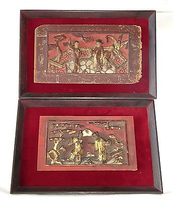 2x 19CT Chinese Framed Carved Red Panels of Scenes w. Figures in Gilt (Gem) Без бренда