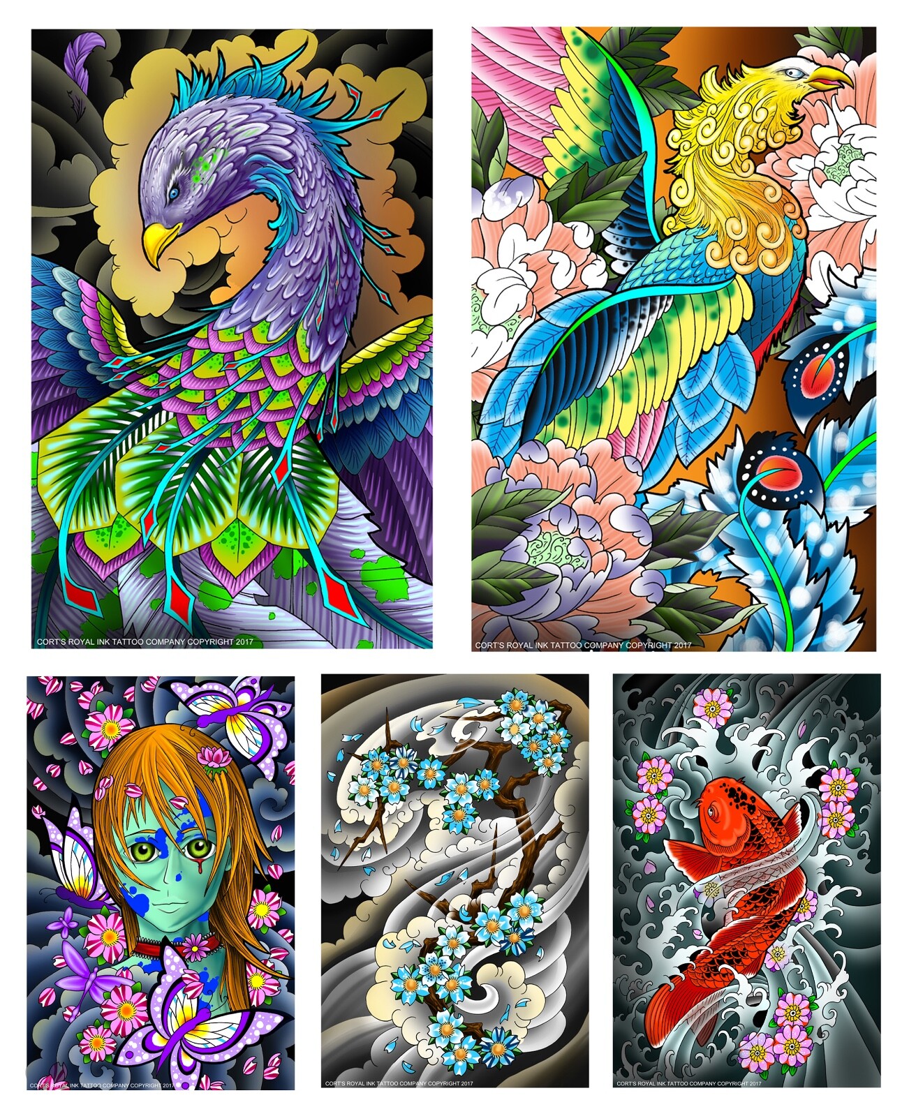 "5 Pastels" Tattoo Flash,11x17 New for 2018 Cort's Royal Ink Tattoo Company