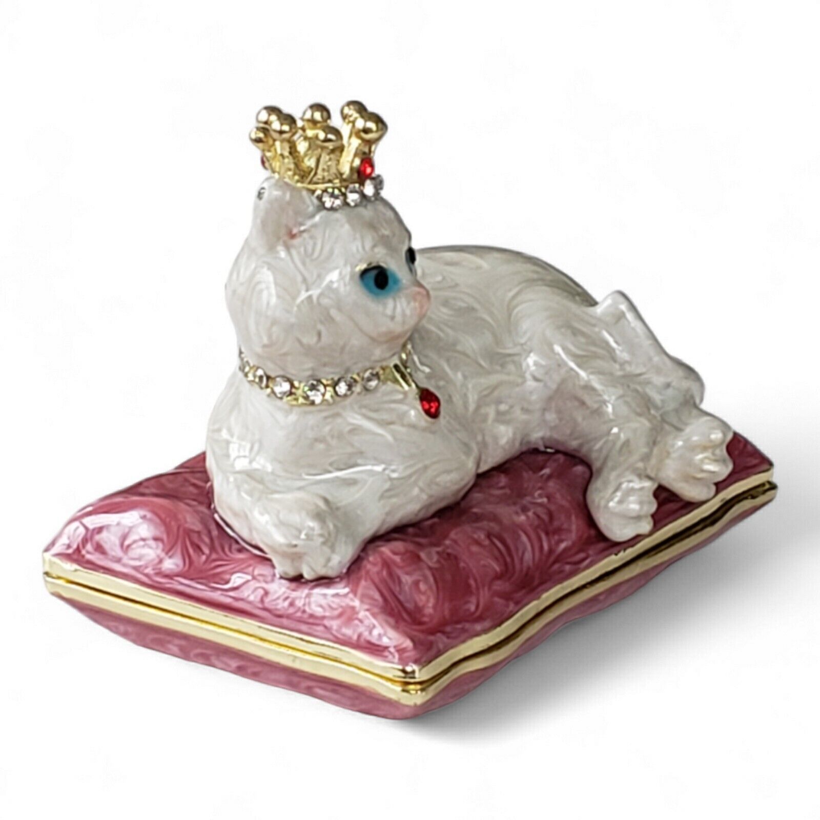 Royal Cat Jeweled Collar & Crown Opalescent Swirl Enameled Hinged Trinket Box Без бренда - фотография #3