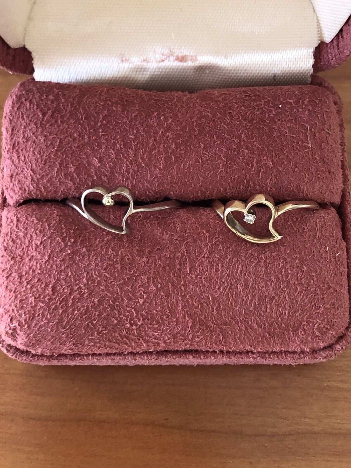  Set of 2 thin vintage open heart rings, 18k white and 18k yellow gold w/diamond Unbranded
