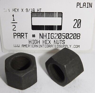 1/2-20 HIGH HEX NUT STEEL PLAIN 3/4 HEX X 9/16 THICK (10) AMERICANINTEGRATEDSUPPLY.COM NHIG205020B