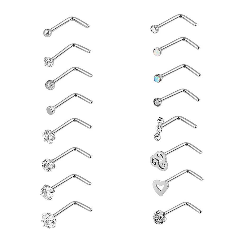 16pcs/lot CZ Surgical Steel Nose Rings L Shaped Studs Body Piercing Jewelry 20G LongBeauty Does Not Apply - фотография #3