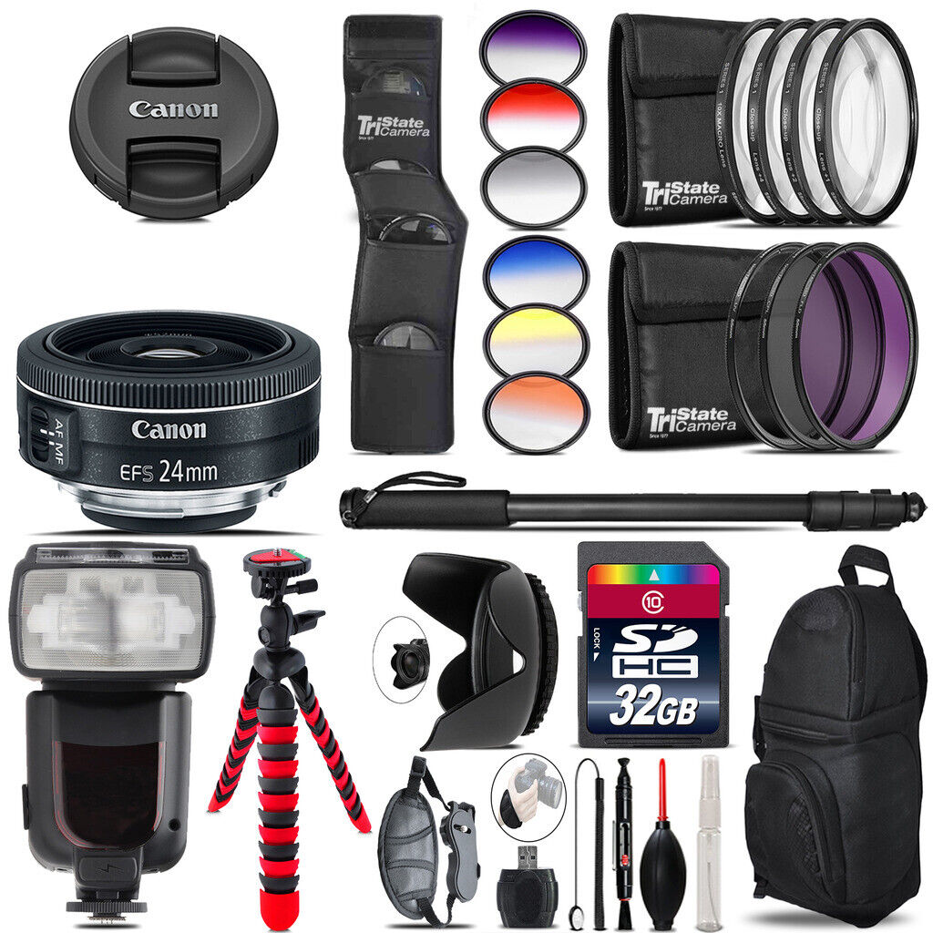Canon EF-S 24mm f/2.8 STM Lens + Pro Flash + Filter Kit - 32GB Accessory Kit Canon Does Not Apply