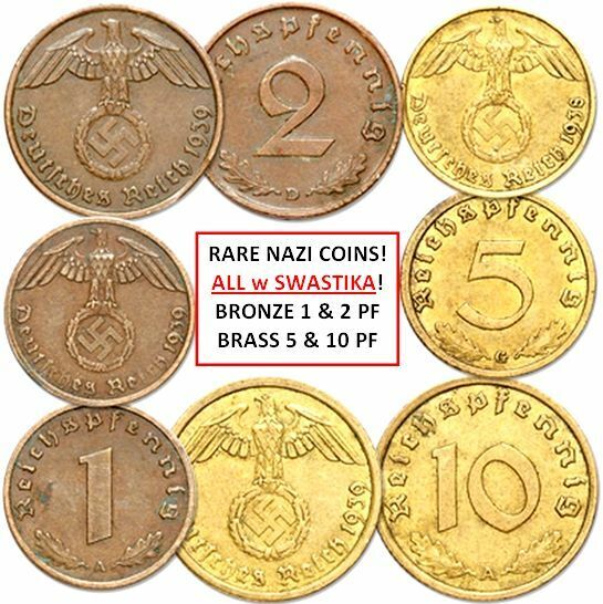 4 RARE NAZI COINS w SWASTIKAS! COPPER/BRASS 1,2,5,10 PFENNIGS XF-BU! $80 RETAIL! Без бренда