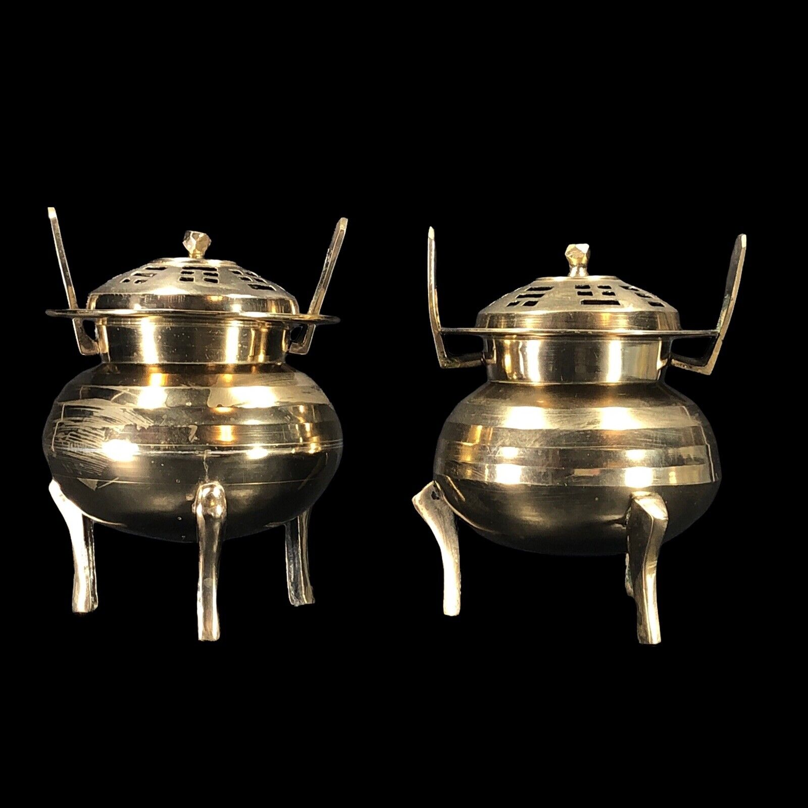 2ct Vintage Brass Chinese Censer Incense Burner Round w/ Lid Footed 5-in High Без бренда - фотография #2