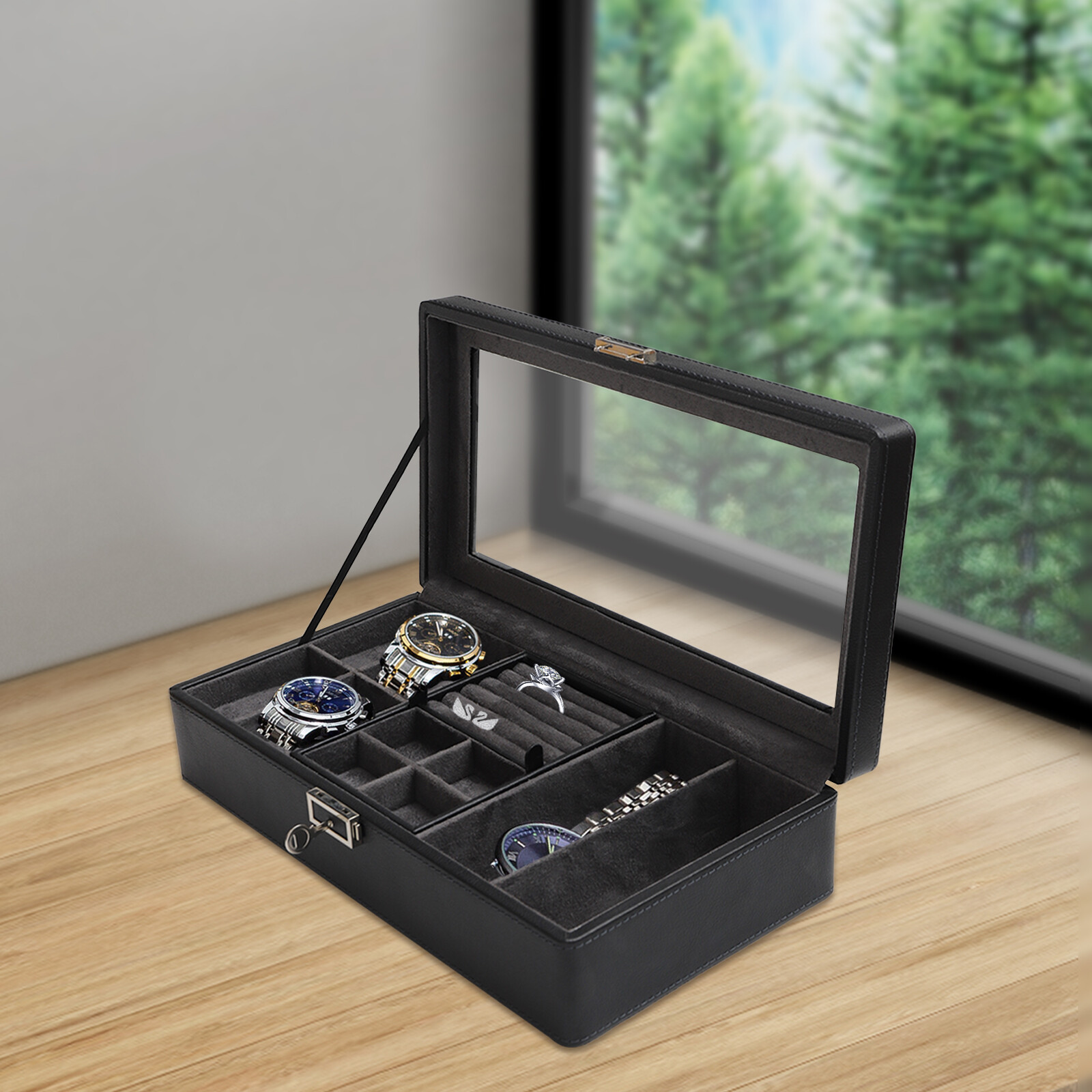 Large Jewelry Storage Box for Men Gifts Watch Display Case PU & Large Glass Lid Unbranded - фотография #13
