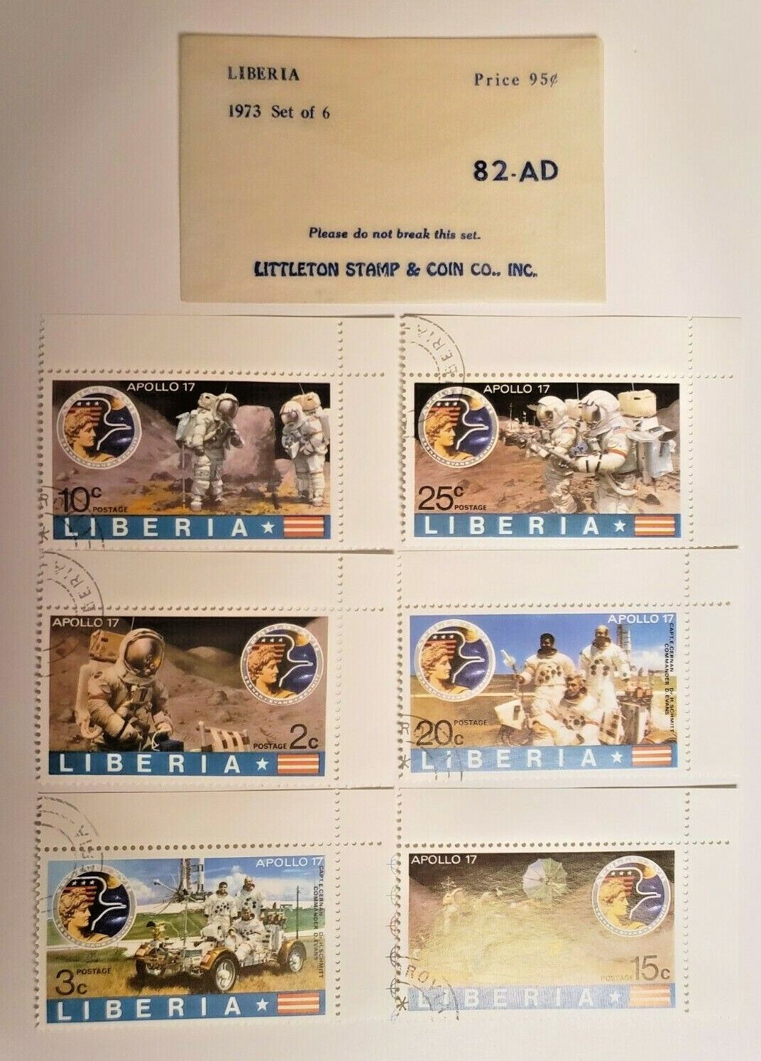 1973 Liberia APOLLO 17 Stamp Set of Six (6) - Littleton Stamp & Coin Co. 82-AD Без бренда