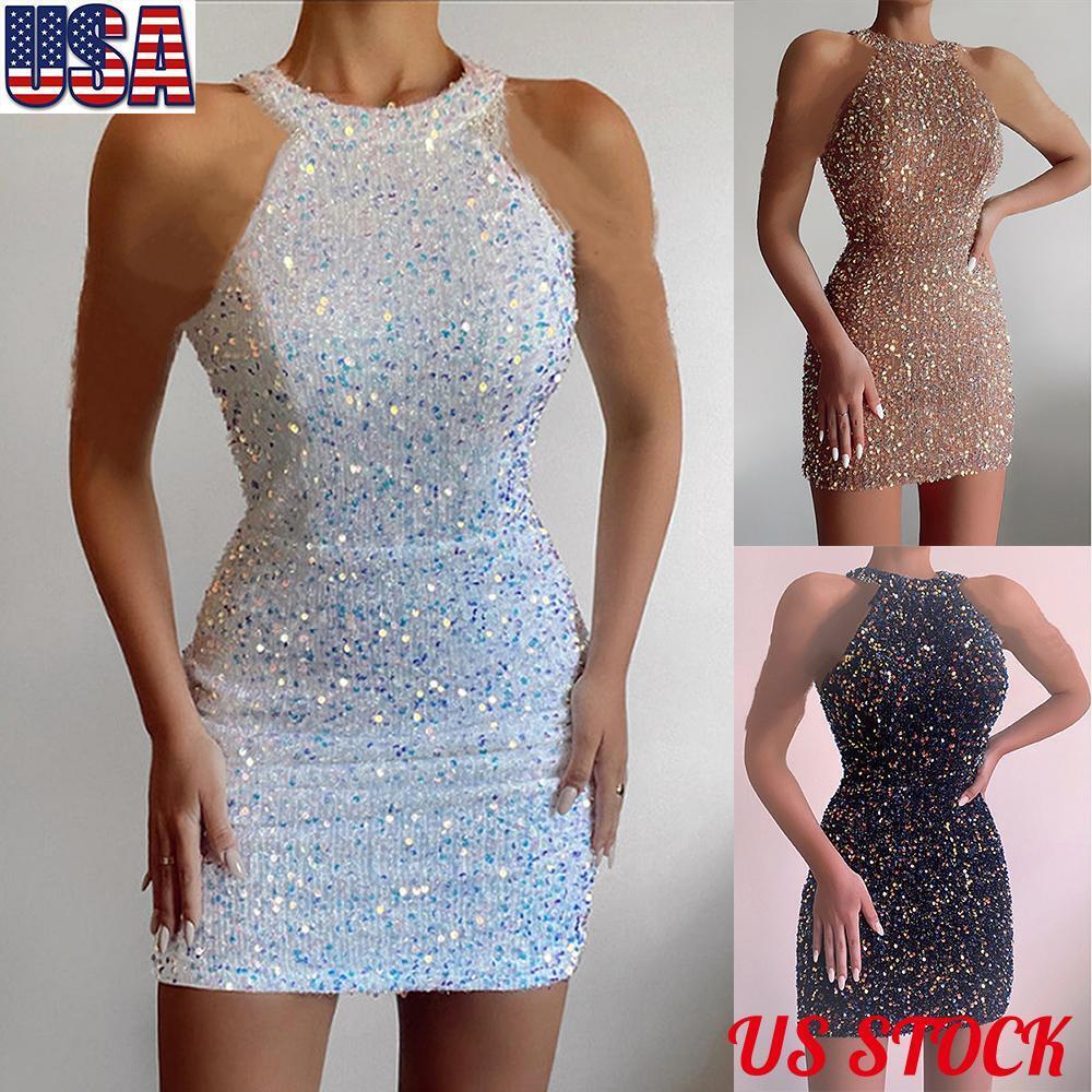 Sexy Women Sequins Sleeveless Bodycon Wrap Mini Dress Cocktail Club Ball Gown US Unbranded Does Not Apply