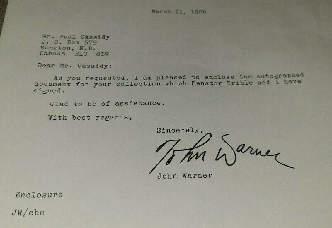 2 Senator Signed Autographs - John Warner + Paul Trible (VA) signed enclosure Без бренда - фотография #2