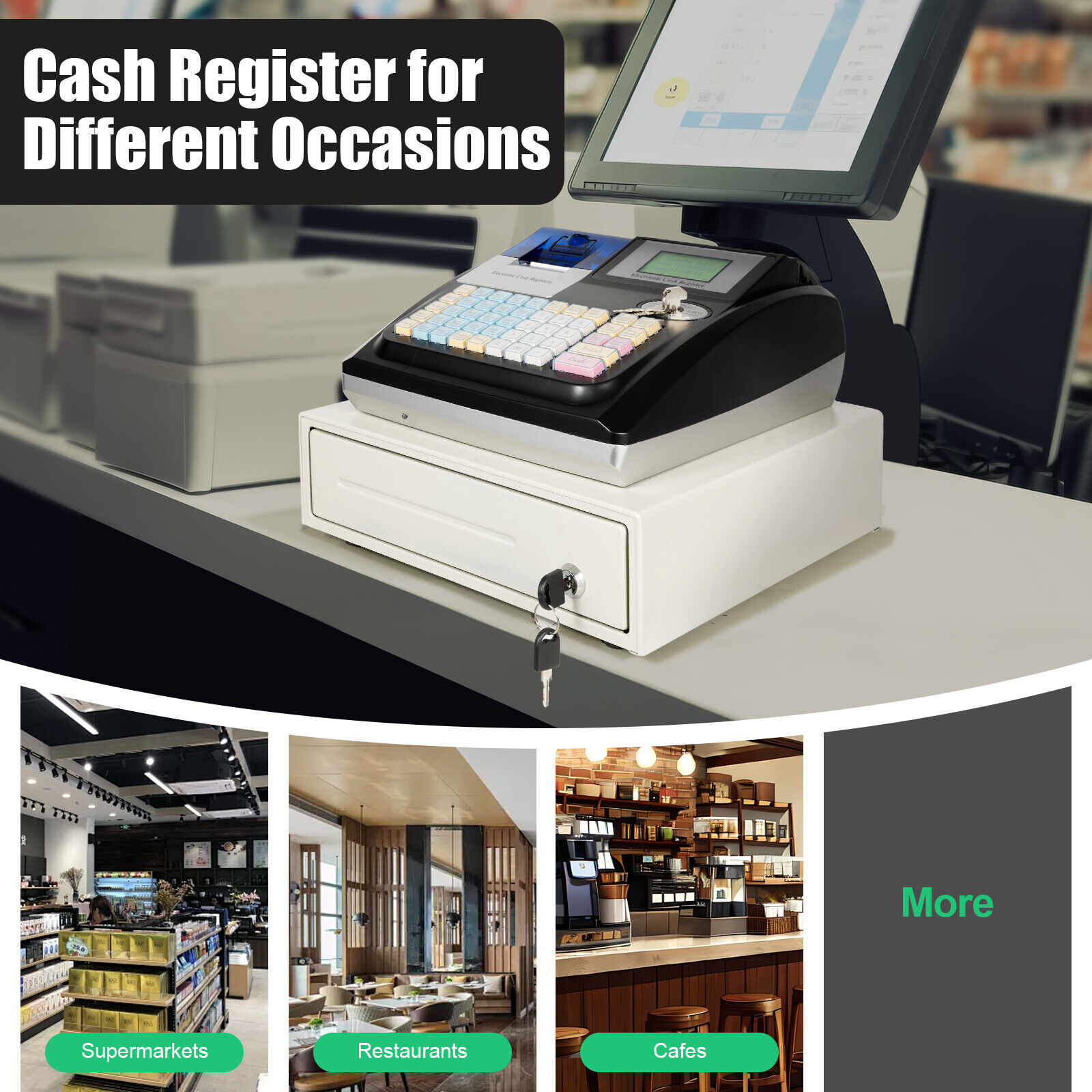 40W Electronic POS System Cash Register LED Display For Retail W/ Drawer 48 Keys Unbranded Does Not Apply