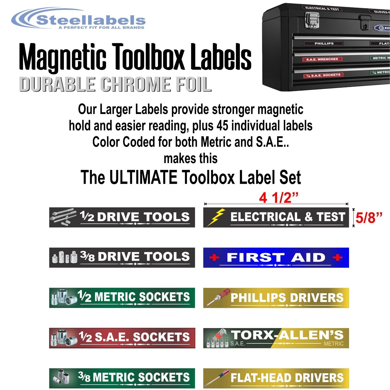 Ultimate Magnetic TOOLBOX LABELS fits all steel boxes tool chest & cabinets  SteelLabels.com UMAGG001 - фотография #3