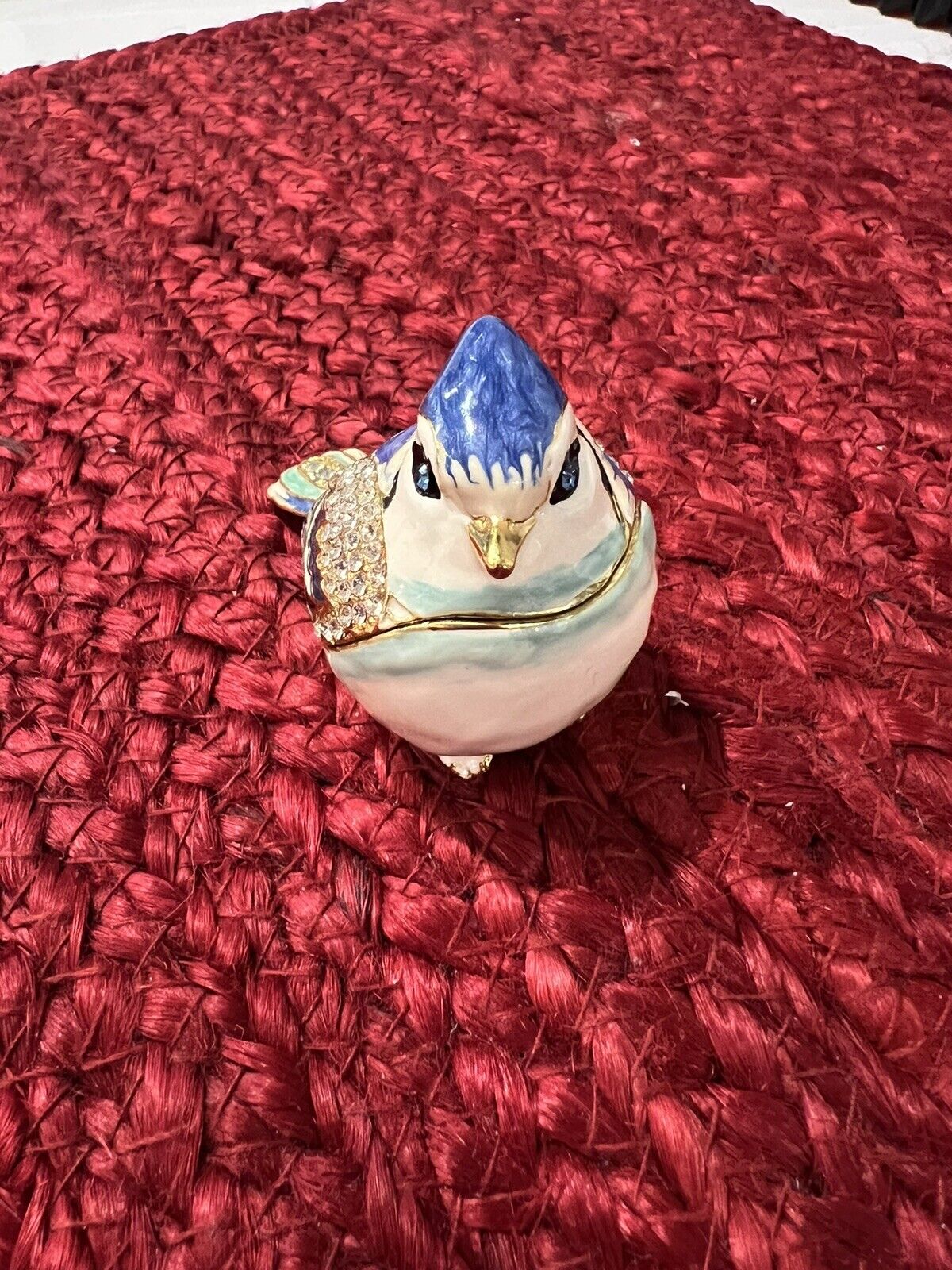 New Blue Jay Bird Crystals Bejeweled Enamel Hinged Trinket Box Gold Plating Без бренда - фотография #2